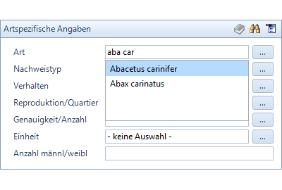 Neue Artensuche bei der Eingabe